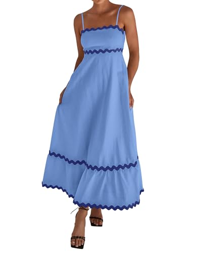 dowerme Women's Casual Dresses Spaghetti Straps Sleeveless Smocked Zipper Boho Loose Fit Wedding Guest Maxi Dress 2024(Blue,Small)