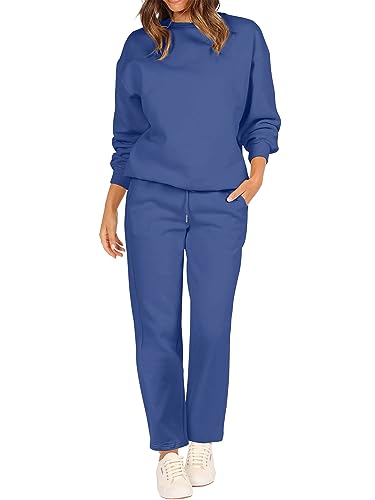 FUPHINE 2 Piece Outfits for Women Loungewear Sets Matching Top and Wide Leg Pants Travel Clothes Sweatsuits Blue Medium