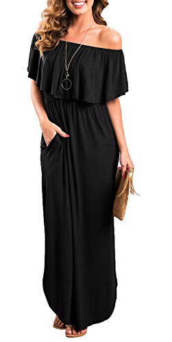 Womens Off The Shoulder Ruffle Party Dress Side Split Beach Long Maxi Dresses Black XL