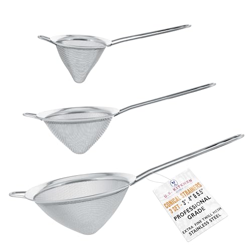 U.S. Kitchen Supply - Set of 3 Premium Quality Extra Fine Twill Mesh Stainless Steel Conical Strainers - 3', 4' and 5.5' Sizes - Chinois to Sift, Strain, Drain and Rinse Vegetables, Pastas & Teas
