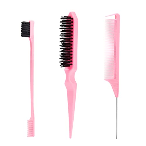 SWEET VIEW 3 Pcs Slick Back Hair Brush Set with Edge Brush, Bristle Brush, Rat Tail Comb, Teasing Brush Set for Smoothing Baby Hair & Flyaways - Pink