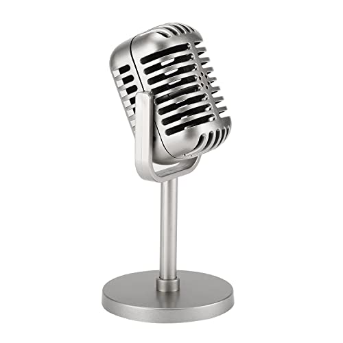 Facmogu Classic Retro Style Microphone Prop, Fake Vintage Microphone Prop Model with Stand, Silver Antique Microphone Decor Microphone Costume Prop for Party Decorations - Silver