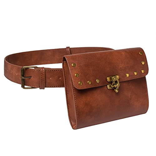 Belt Pouch Waist Bag Fanny Pack Medieval Vintage Leather Pouch Cellphone Holder Holster Carry Belt Purse Pocket Casual Hiking Festival Renaissance Faire Costume Props Travel Wallet (H2-Brown)