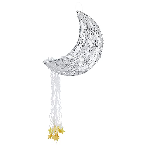Juvale Pull String Moon Pinata for Twinkle Twinkle Little Star Birthday, Baby Shower Party Decorations (Silver Foil, 17x11x3 in)