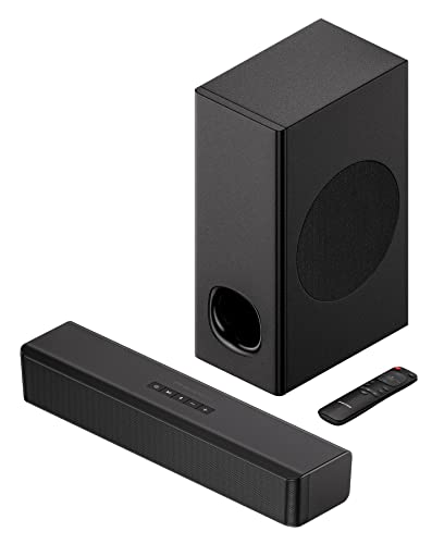 PHEANOO 2.1 Compact Sound Bars for TV with Subwoofer, HDMI ARC/Bluetooth 5.0/Optical/AUX/RCA Connection, Remote Control, Adjustable Bass, Wall Mountable – P15, 140W, 16 inch, Black