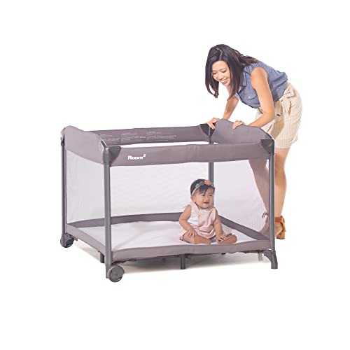 Joovy Room² Large Portable Playpen for Babies and Toddlers with Nearly 10 sq ft of Space, Large Mesh Windows for 360 View, and Waterproof Mattress Sheet - Folds Easily when Not in Use (Charcoal)