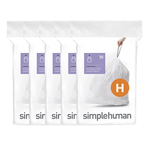 simplehuman Code H Custom Fit Drawstring Trash Bags, 20 Count (Pack of 5), 30-35 Liter / 8-9 Gallon, White