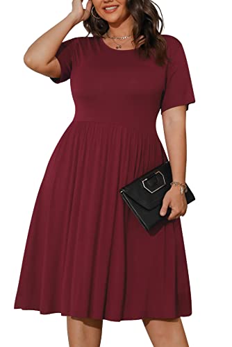 POSESHE Women's Plus Size Summer Dresses Casual Short Sleeve Burgundy Dress Stylish Vintage Dress with Pockets,Wine Red,XL