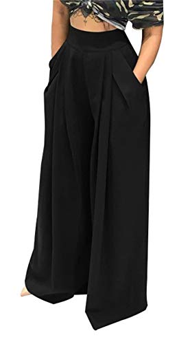 SHINFY Plus Size Wide Leg Pleated Lounge Pants for Women - Loose Belted High Waist A-Black