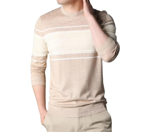 Stripes Winter Knitting Sweater Men Crewneck Soft Lightweight Pullovers Classic Jumpers Beige M