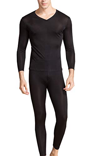 Grenasasilk Men's Silk Long Johns Mulberry Silk Long Underwear V-Neck Breathable Thermal Underwear Sets & Undergarments (M, Black)
