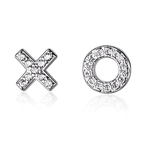 Sterling Silver Crystal XO Hugs Kisses Mismatch Stud Earrings for Women Girls Hypoallergenic Tiny Cute CZ Rhinestone Initial Studs Cartilage Tragus Post Pin Nickel Free Piercing Ear Jewelry Gifts
