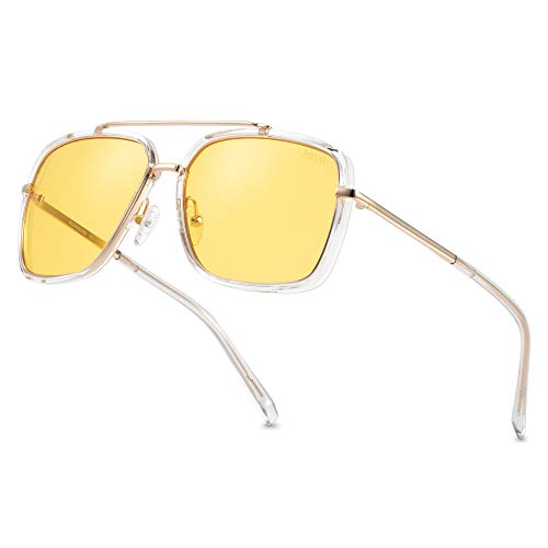 MAFEEDSS Retro 70s Aviator Sunglasses, Night Driving Glasses with UV Protection and Anti Glare, Yellow Lens Large Frame