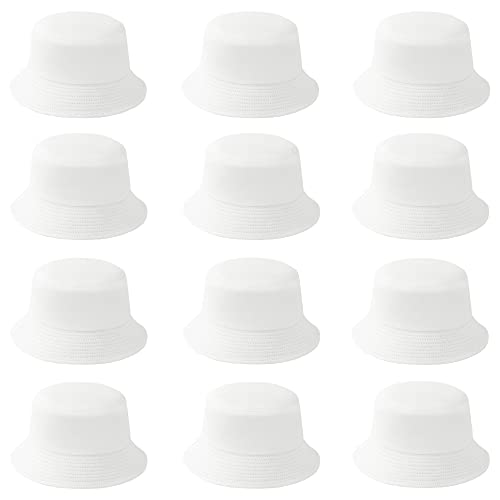 PODALOA 12 Pieces Bucket Hat Solid Color Summer Fishing Hats for Women Men Boys Girls UPF 50+(White)