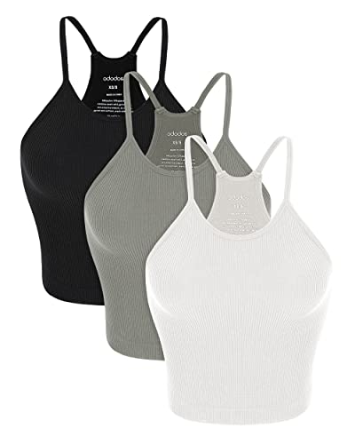 ODODOS Women's 3-Pack Seamless Cami Tops Ribbed Camisole Tank Top, White Gray Black, Medium/Large