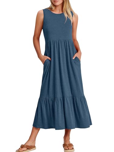 ANRABESS Women Summer Casual Sleeveless Crewneck Sundress Aline Flowy Tiered Maxi Long Beach Dress Vacation Outfits Medium Blue