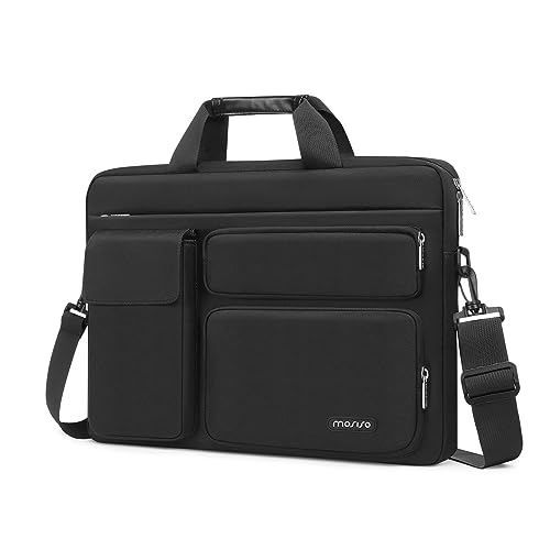 MOSISO Laptop Shoulder Bag Compatible with MacBook Air 15 inch M3 M2 2024 2023/Pro 16 M3 M2 M1 2024-2019,15-15.6 inch Notebook with 2 Raised&1 Flapover&1 Horizontal Pocket&Handle&Belt, Black