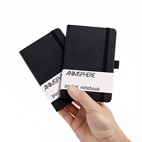Animusphere 2Pack Pocket Notebook Small Notebook Journal Notebook 4 inches x 5.7 inches 200 Pages Leather Cover With Pen Holder Page Marker Ribbons(Black)