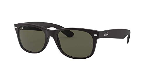 Ray-Ban RB2132 New Wayfarer Square Sunglasses, Rubber Black/Polarized Green, 55 mm