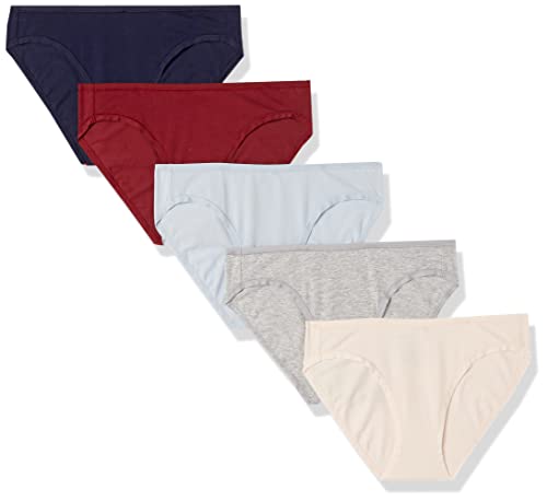 Amazon Essentials Women's Cotton Bikini Brief Underwear (Available in Plus Size), Pack of 5, Blush/Dark Red/Grey Heather/Light Blue/Navy, Medium