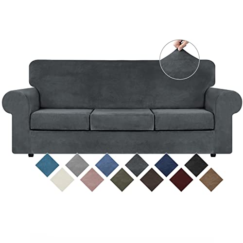 WEERRW 4 Pieces Velvet High Stretch Couch Covers for 3 Cushion Sofa Slipcovers, Washable Furniture Protector with Non Slip Elastic Bottom, Feature Soft and Thick Plush Fabric, Dark Grey, Large