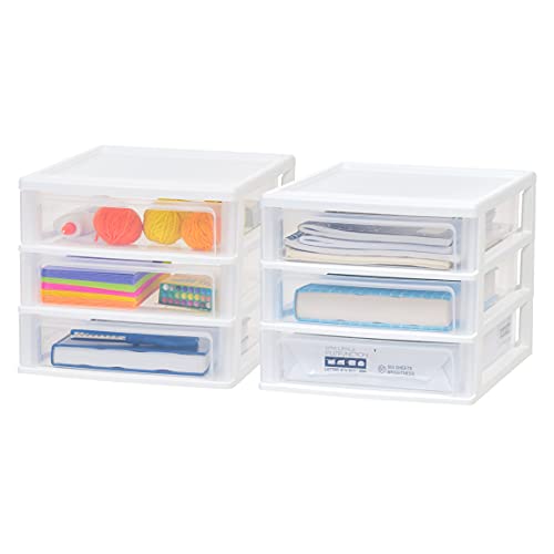 IRIS USA Medium 3-Drawer Desktop Organizer with Open Tray Top, 2 Pack, Plastic Drawer Storage Container for Stationery Art Craft Supplies, White