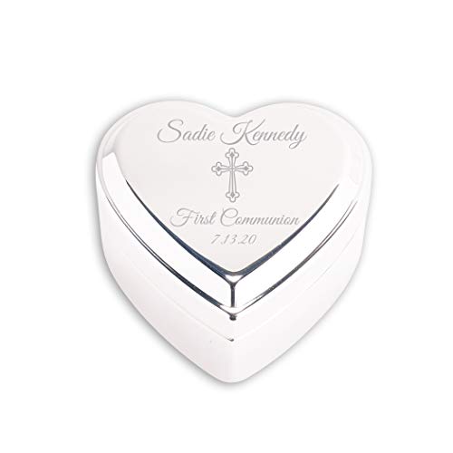Cherished Moments Personalized Heart Jewelry Keepsake Box with Custom Engraved Cross and Name for First Communion Gift for Girls, Silver Toned