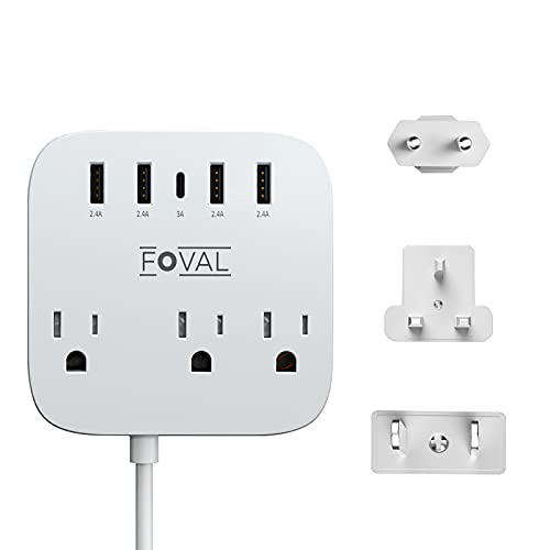 European Travel Plug Adapter, FOVAL EU UK US Power Strip with USB C and 4 USB Ports, 3 AC Outlets, Wall Mountable, 5ft Extension Cord, Compact for Travel, Cruise Ship, Home Office
