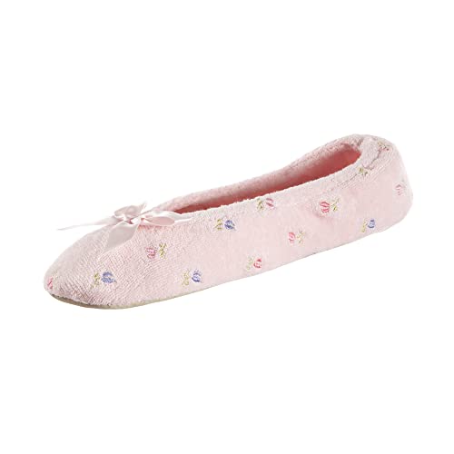isotoner womens Embroidered Terry Ballerina Slippers Flat Sandals, Pink Soft Tie Bow, 9.5-10.5 US