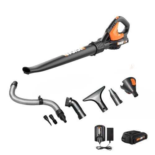 Worx 20V Cordless Leaf Blower WG545.1, Up to 120 MPH Air Speed, Long Nozzle Design for Narrow Spaces, Ideal for Indoor and Outdoor Cleaning, 9x Cleaning Attachments, Battery and Charger Included