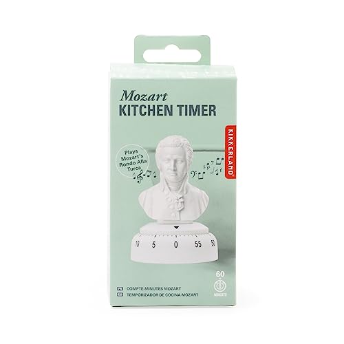 Kikkerland Mozart Kitchen Timer, Mechanical Kitchen Timer, 60 Minutes Wind up Timer for Cooking, Reading and Sports, Plays Rondo Alla Turca, White