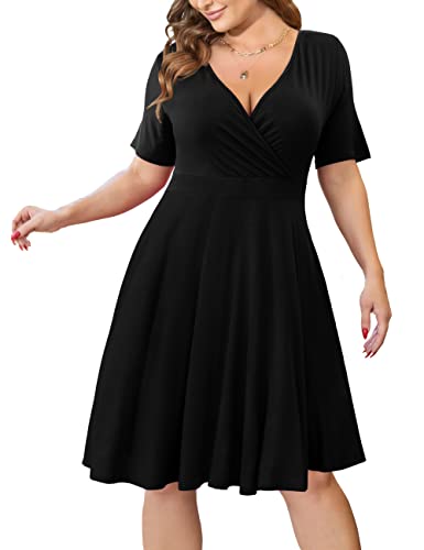 Ahlaray Plus Size Dresses Short Sleeve Faux Wrap Casual Black Cocktail Knee Length Dress for Women, 3XL