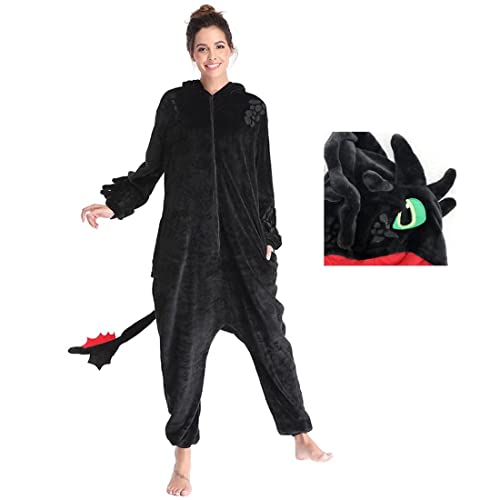 Kuberas Men Women Pajamas Dragon Animal Jumpsuit Zipper Footed Cosplay Costume Unisex Adult Black