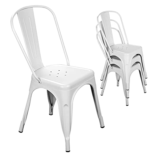Nazhura Metal Dining Chair Farmhouse Tolix Style for Kitchen Dining Room Café Restaurant Bistro Patio, 18 Inch, Stackable, Waterproof Indoor/Outdoor (Sets of 4) (White)