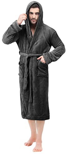 NY Threads Mens Hooded Fleece Robe - Plush Long Bathrobes, Grey, Small-Medium