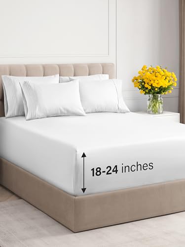 Extra Deep Queen Sheet Set - 6 Piece Breathable & Cooling Sheets - Hotel Luxury Bed Sheets Set - Easy & Secure Fit - Soft, Wrinkle Free & Comfy Sheets Set - White Sheet Set w/Extra Deep Pockets