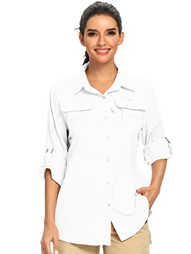 Women's UPF 50+ UV Sun Protection Safari Shirt, Long Sleeve Outdoor Cool Quick Dry Fishing Hiking Gardening Shirts (5055 White S)