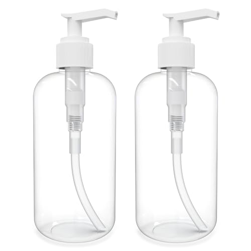 BRIGHTFROM Plastic Bottles with Pump Dispenser, 8 OZ Empty, BPA Free Refillable Containers for Body Wash, Moisturizer, Face Cream, Liquid Soap - Clear/White - 2 Pack