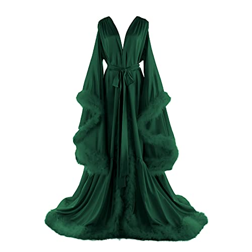 Daily Life Mall Long Lingerie for Women Green robe Bridal Robes with Fur Old Hollywood Robe Maternity Photoshoot Nightgown Silk dress robe Boudoir Puffy Feather Bathrobe