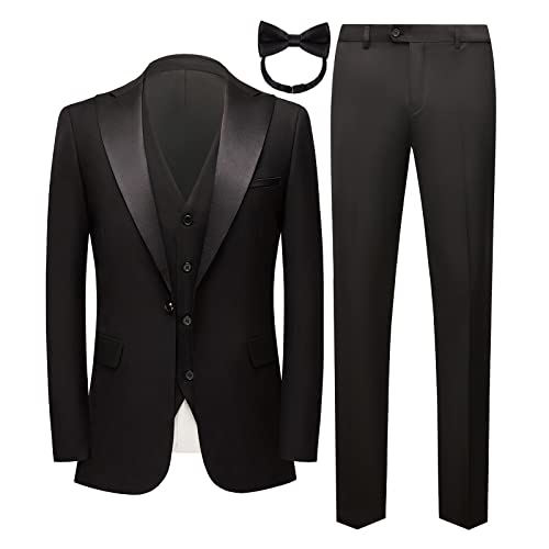 Mgnaie Men Black Suits Slim Fit Wedding 3 Piece Tux Groomsmen Prom Blazer Jacket Vest Pants with Tie Men Suit Set