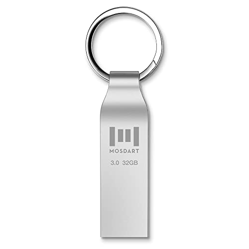 MOSDART USB 3.0 32GB Metal Flash Drive Up to 90MB/s Fast Transfer Speed Thumb Drive, 32GB Waterproof Handy USB3.0 Jump Drive Memory Stick with Keychain Design, Silver