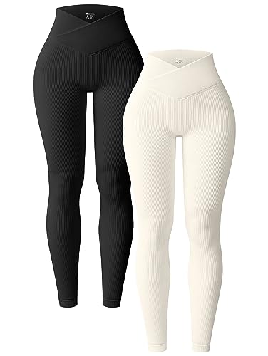 OQQ Women's 2 Piece Yoga Leggings Ribbed Seamless Workout High Waist Cross Over Athletic Exercise Leggings Black Beige