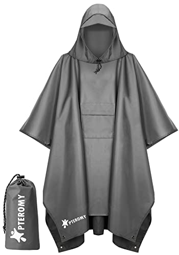 PTEROMY Hooded Rain Poncho for Adult with Pocket, Waterproof Lightweight Unisex Raincoat for Hiking Camping Emergency (Grey)