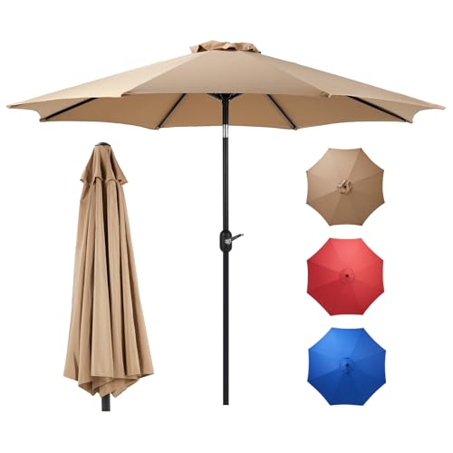OLIXIS 9' Outdoor Patio Umbrella, Outdoor Table Umbrella with 8 Sturdy Ribs, Market Yard Umbrella with Push Button Tilt and Crank for Garden, Terrace, Beach, Backyard, Outdoor Pool - Tan