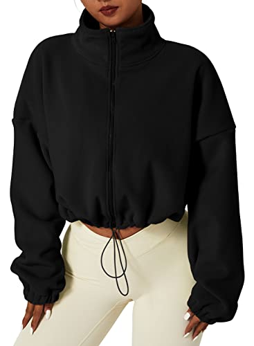 QINSEN Women's Full Zip Fleece Short Jacket Warm Winter Long Sleeve Stand Collar Sherpa Crop Coat Black S