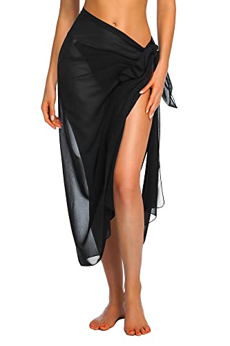 Ekouaer Sarong Swimsuit Coverup for Women Chiffon Long Beach Tie Wrap Skirt Sheer Scarf Bathing Suit Black One Size