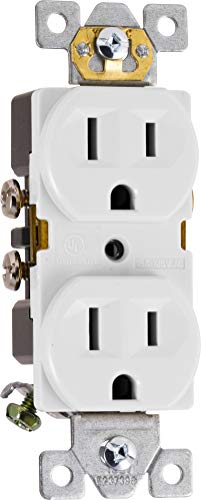 GE UltraPro Duplex Heavy-Duty Receptacle, White, Wall Outlet, Reinforced Yoke, Self-grounding Clip, 3 Prong, Supports 15A, UL Listed, 42157
