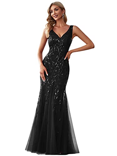 Women's V-Neck Embroidered Lace Floor Length Mermaid Dress Black US16