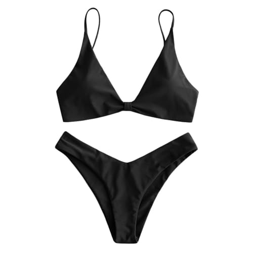 ZAFUL Women's Textured Knotted Cheeky Cami Bikini Set Two Piece Swimsuit (1-Black, L)