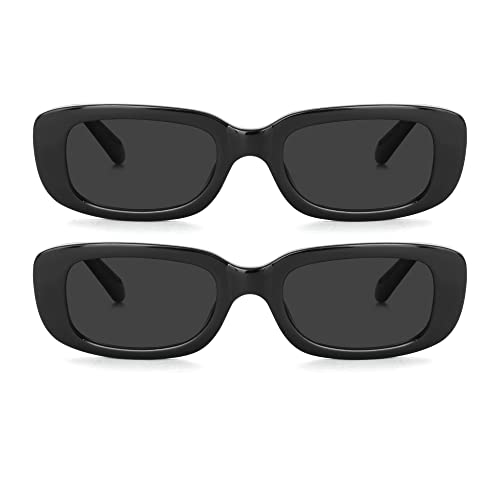 Teumire Retro Rectangle Sunglasses for Women Men Small Square Frame Sun Glasses 2 Pack (Black/Black + Black/Black)